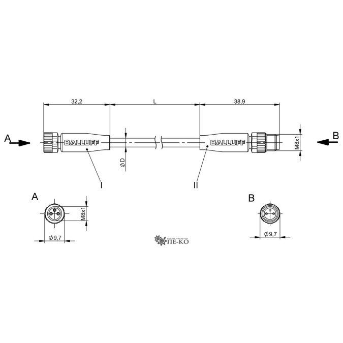Кабель для датчиків Balluff BCC02W0 (BCC M313-M313-30-300-VX8334-050)