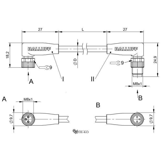 Кабель для датчиків Balluff BCC02WW (BCC M323-M323-30-300-VX8334-010)