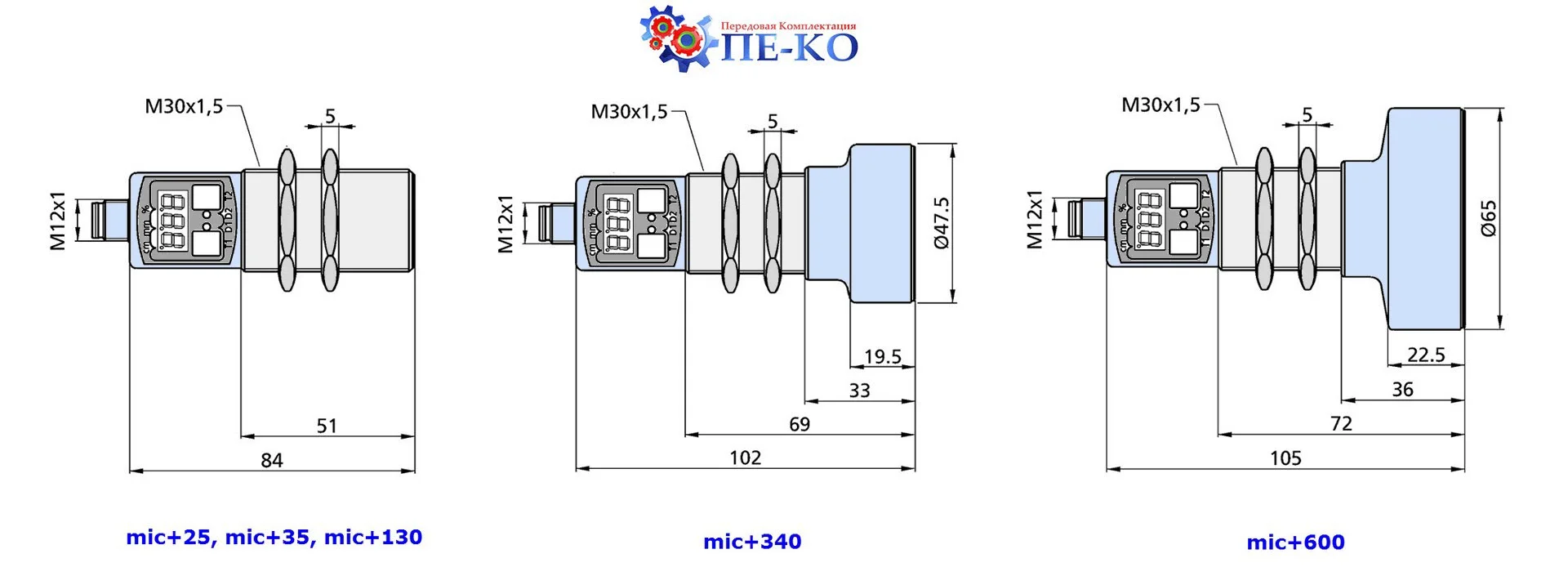 Розміри датчиків microsonic mic+